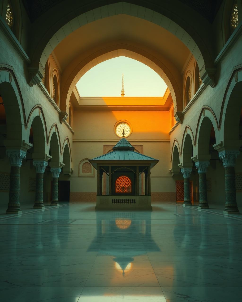 Cour de mosquée avec arcs en plein cintre au coucher du soleil